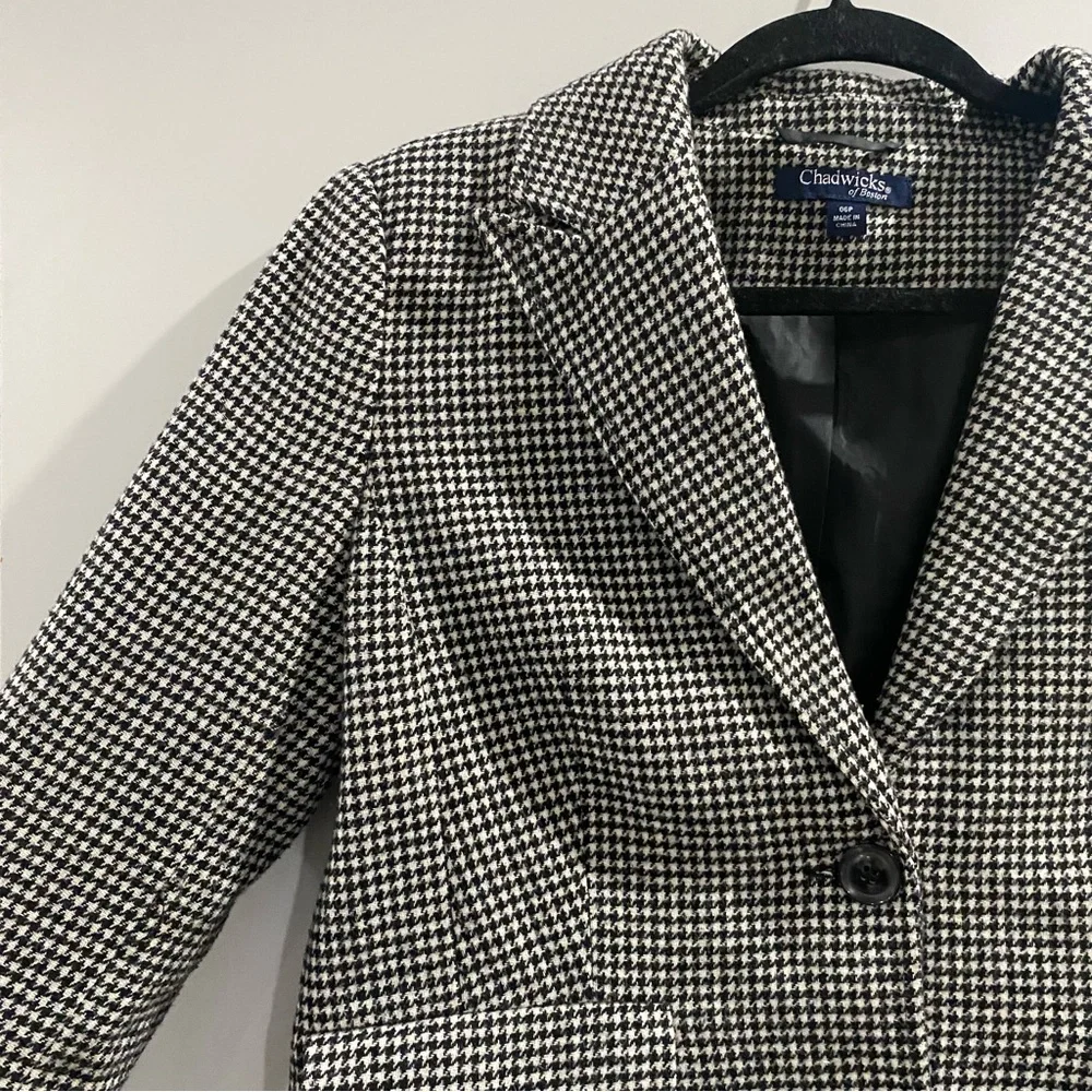 Vintage Chadwicks of Boston Wool Blend Houndstooth Blazer Black White 6 Petite - Picture 2 of 9